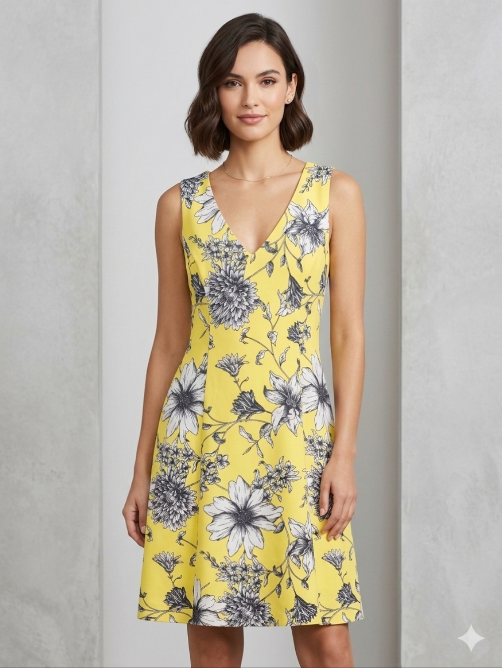 Canary Yellow Floral Flare Dress